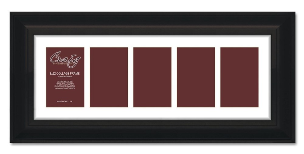 21834700BK 8x22 Black Picture Frame with 5-Opening White Collage Mat
