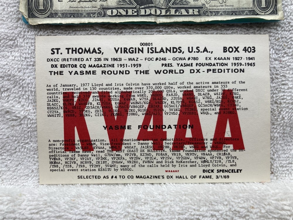 1978 HAM Radio Call Card St Thomas Virgin Islands USA KV4AA Armature  Vtg