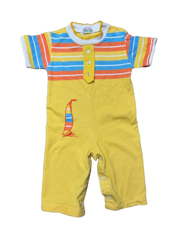 Vintage Health Tex USA Beach Romper Yellow Sailboat Stripe Nautical 12M  