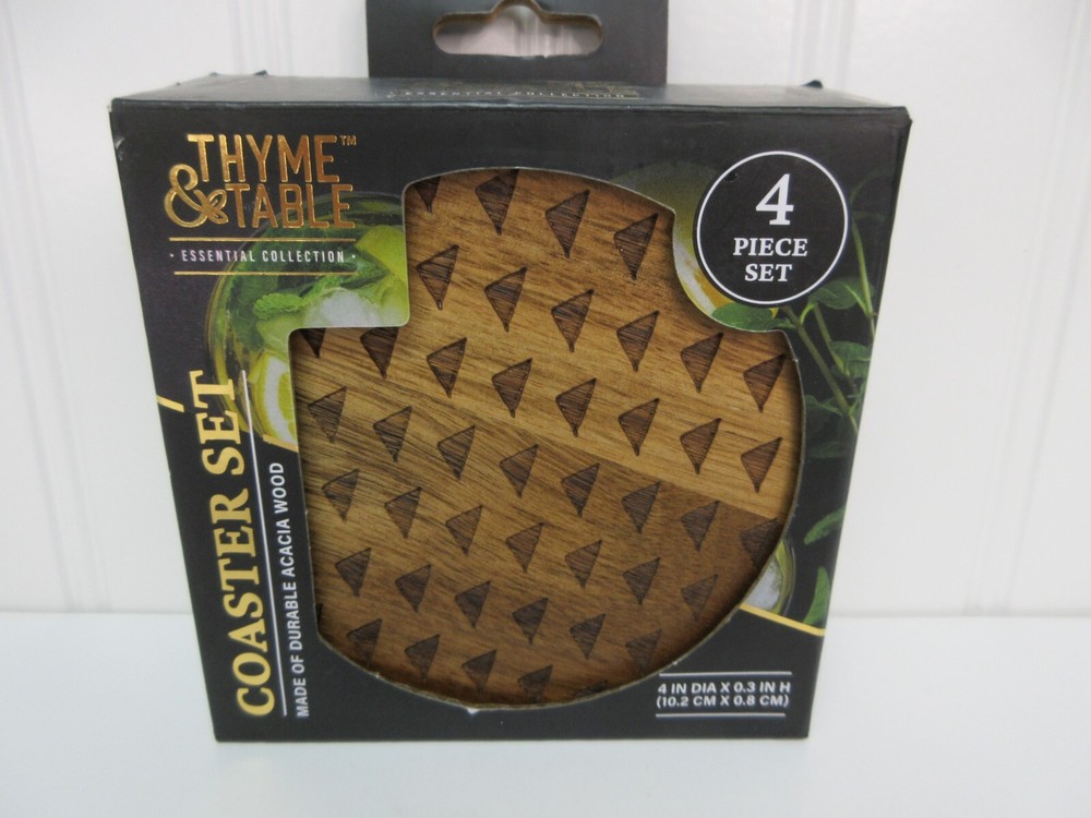 Thyme & Table Acacia Wood Round Coasters  4 Piece Set Brown Laser Etched Design