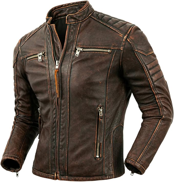Handmade Men’s Brown Distressed Cowhide Leather Biker Jacket – Vintage Style
