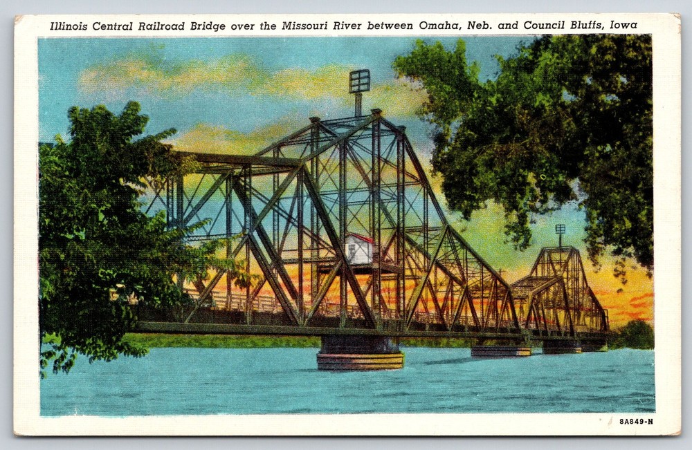 Omaha Nebraska~Missouri River~Illinois Central Railroad Bridge~Linen Postcard
