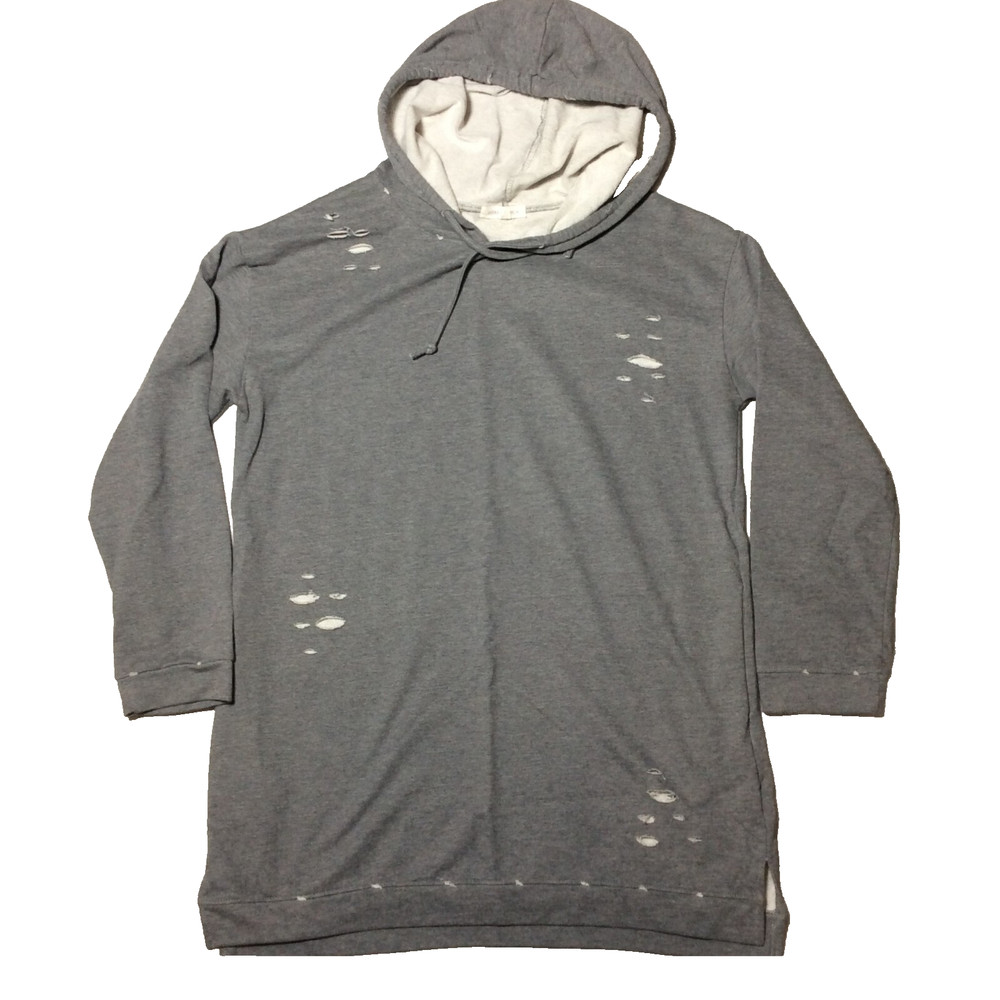 Honey Punch Hoodie Sweatshirt Womens Sz L Gray Distressed Long Sleeve Drawstring