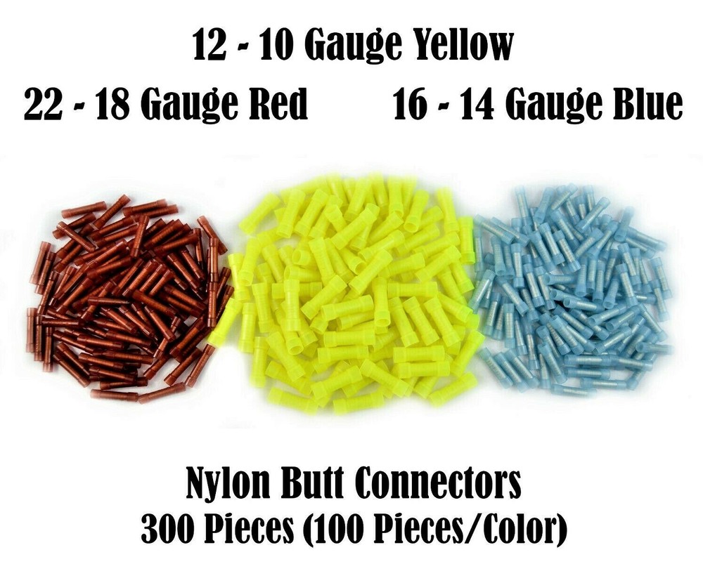 Absolut 300 Wire Butt Connectors Yellow/Blue/Red Nylon Car Audio Crimp Terminals