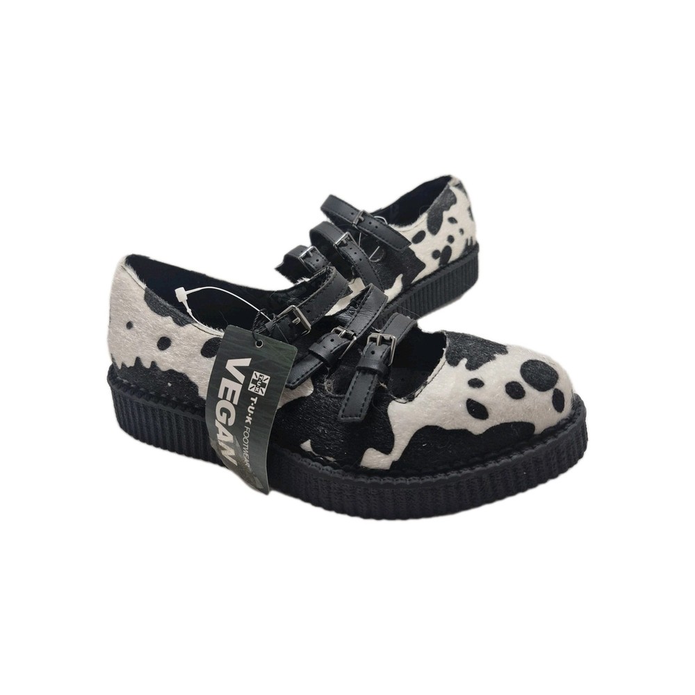 TUK Women's Platform Vegan Black White Cow Print 3-Strap Pointed Mary Jane 8