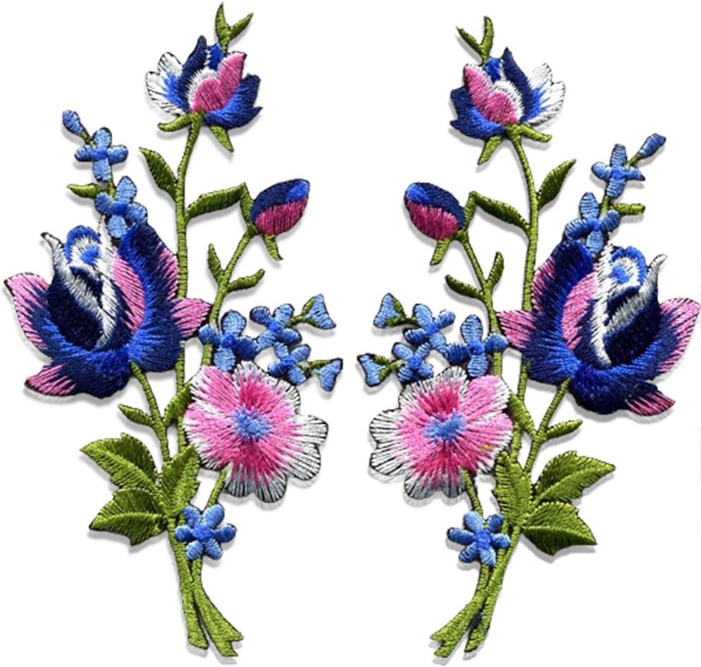 ReNext Pink Blue Roses Pair Flowers Floral Bouquet Boho Embroidered Appliques Ir