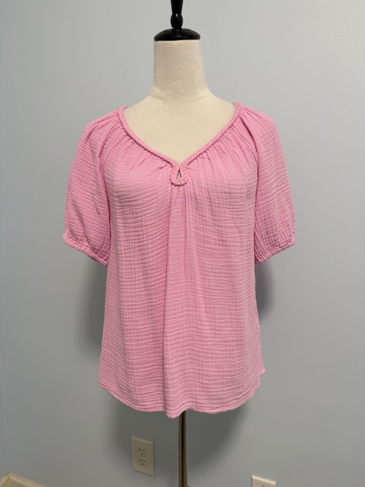 J.Crew Puff-sleeve Braided-neckline Gauze Top For Women Pink Cotton Size S