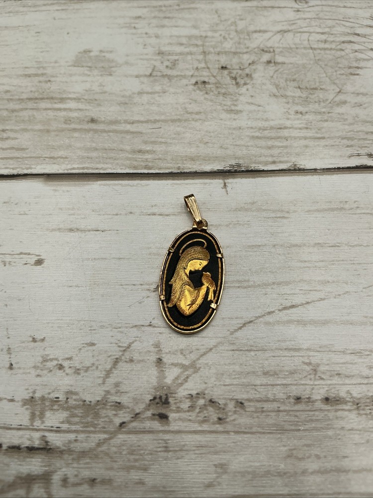 Vintage Damascene Madonna of the Birds Gold Tone Oval Religious Pendant