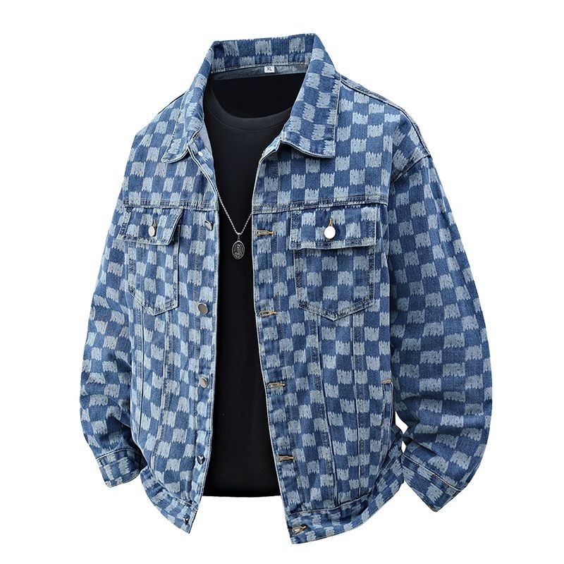 Men's Checkerboard Denim Jacket Retro Streetwear Loose Casual Cotton Jean Coat
