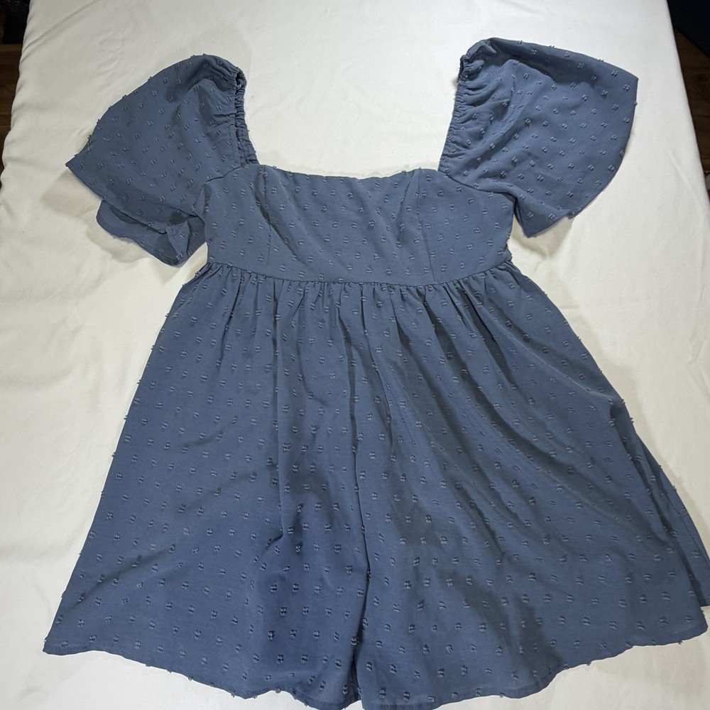 Altar'd State Blue Textured Puff Sleeve Romper Square Neck Wide Leg Size M