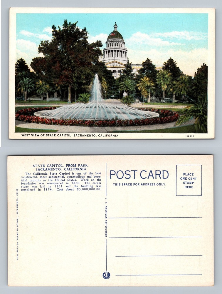 Sacramento, CA-California, State Capitol West Fountain Souvenir Vintage Postcard