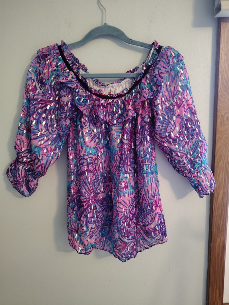 Lilly Pulitzer CEECEE TOP Turquoise Oasis Shelleidoscope Pink Gold Womens M