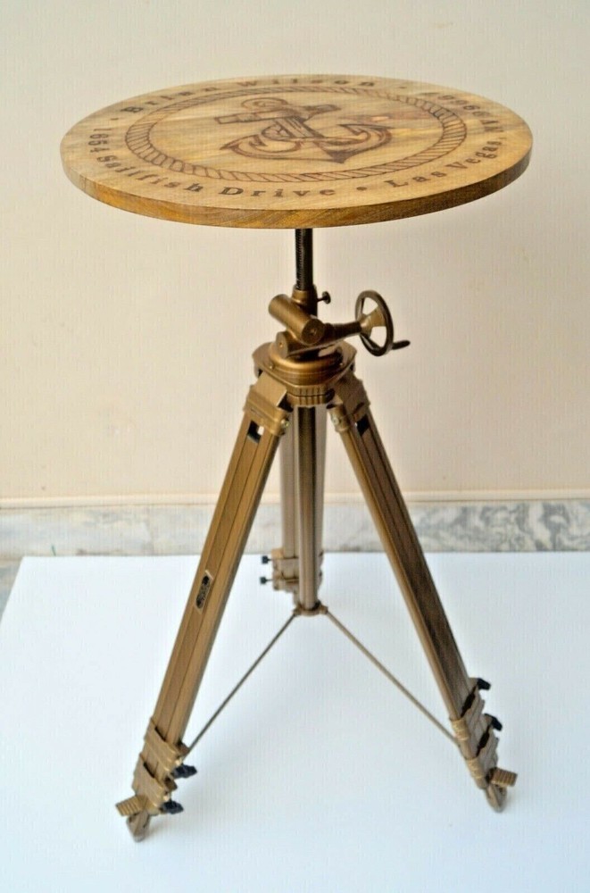 Nautical Style Maritime Ship Anchor Hook Logo Engraved Tripod Coffee & Bar Table