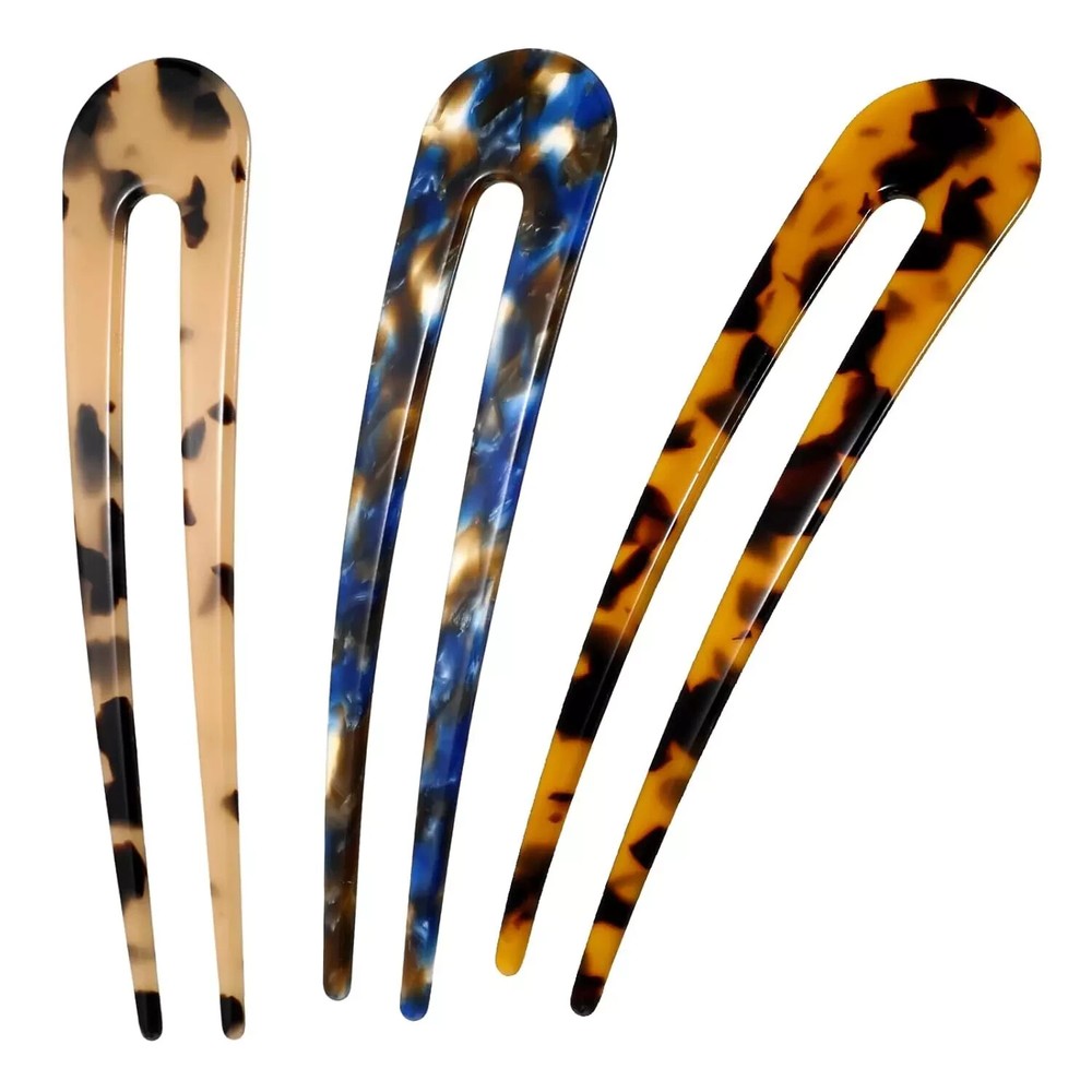 3-Piece Tortoise French Hair Forks – 4.3 Inch U-Shaped Hair Pins for Women