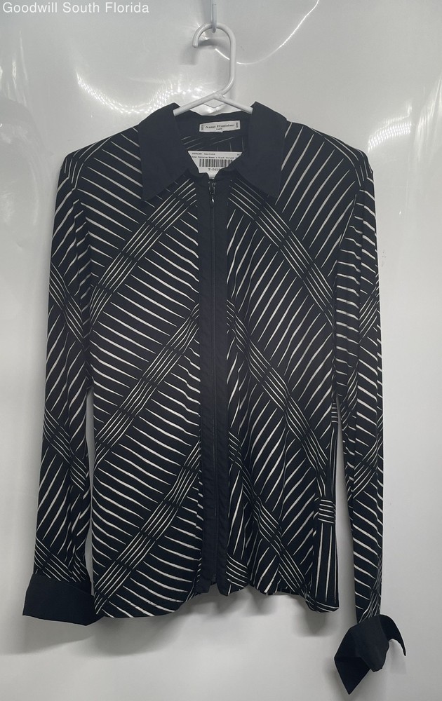 Anne Fontaine Womens Black Striped Long Sleeve Full-Zip Blouse Top Size 4