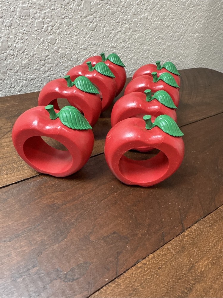 Vtg Red Apple Shaped Napkin Ring Holders Set of 8 Table Decor