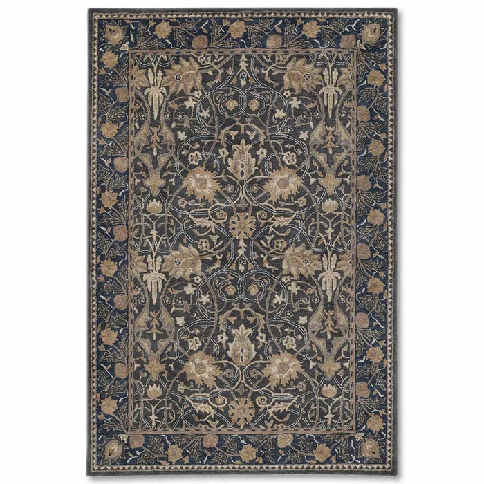 Navy Blue Floral Wool Rug Handmade Tufted Vintage Traditional Area Carpet