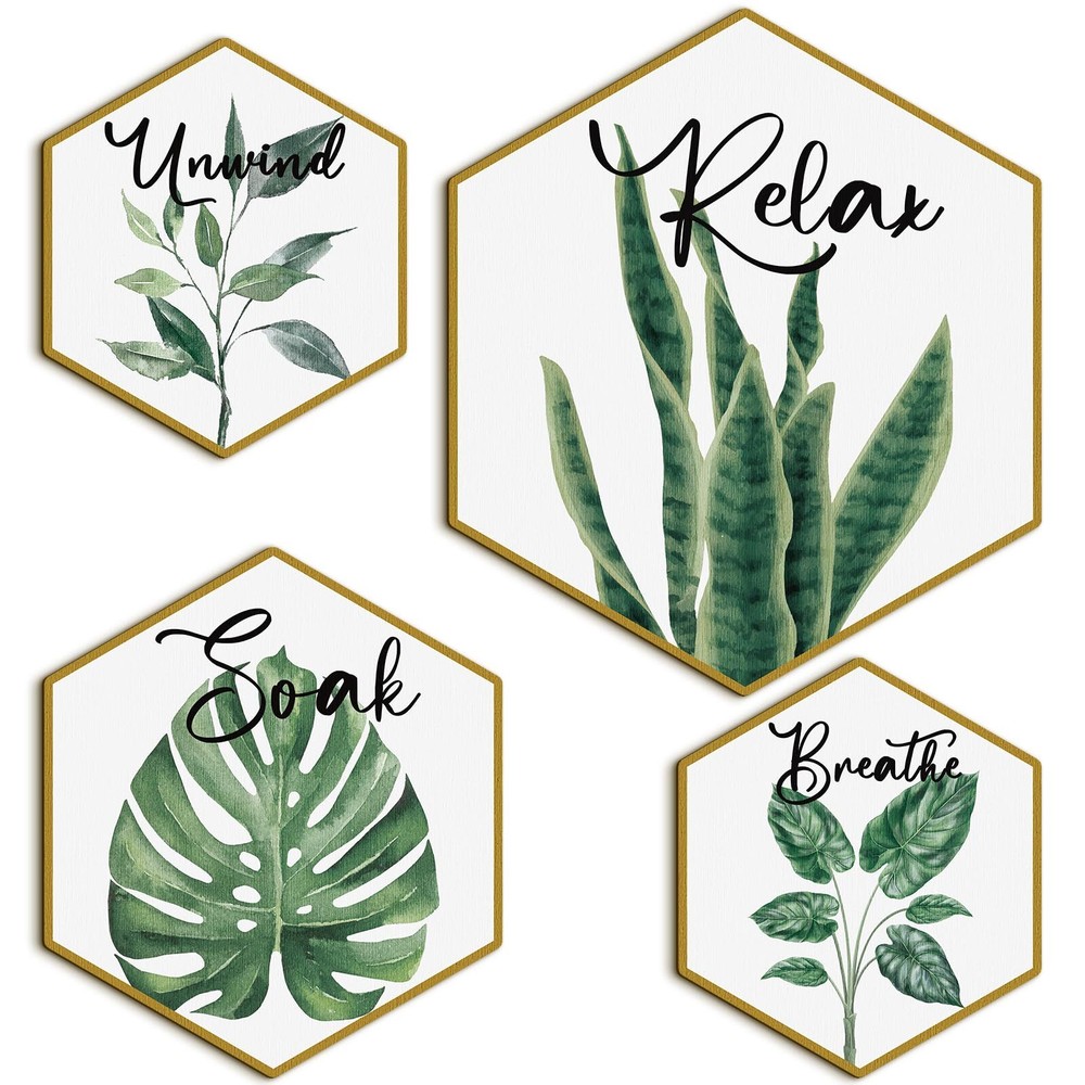Set of 4 Green Eucalyptus Bathroom Decor Botanical Wall Art Green and Gold Ba...