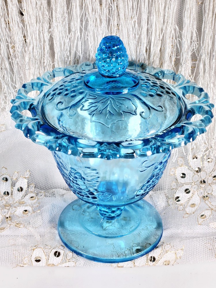 Indiana Glass Blue Candy/Sugar Bowl w/Lid Open Lace Grapes Pedestal 7