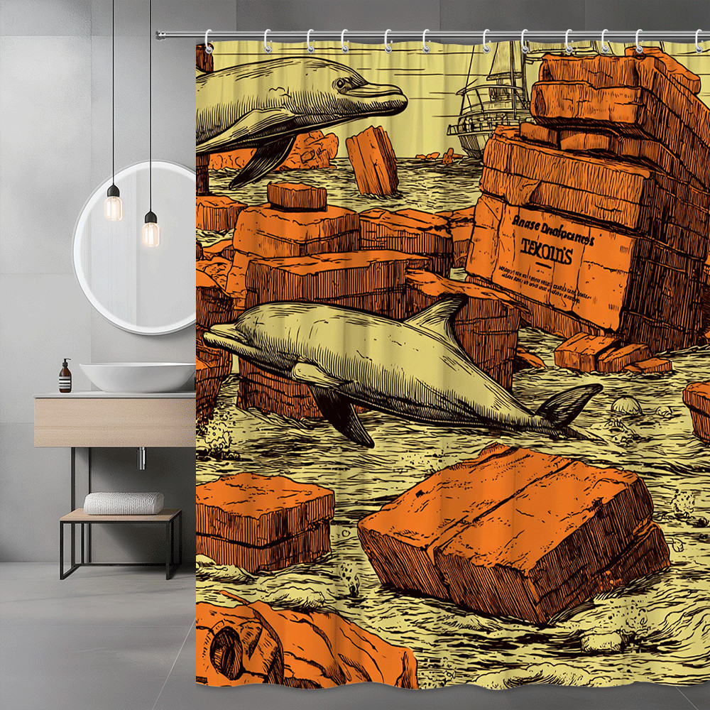 Dolphin and Shipwreck Shower Curtain Ocean Graphic Print