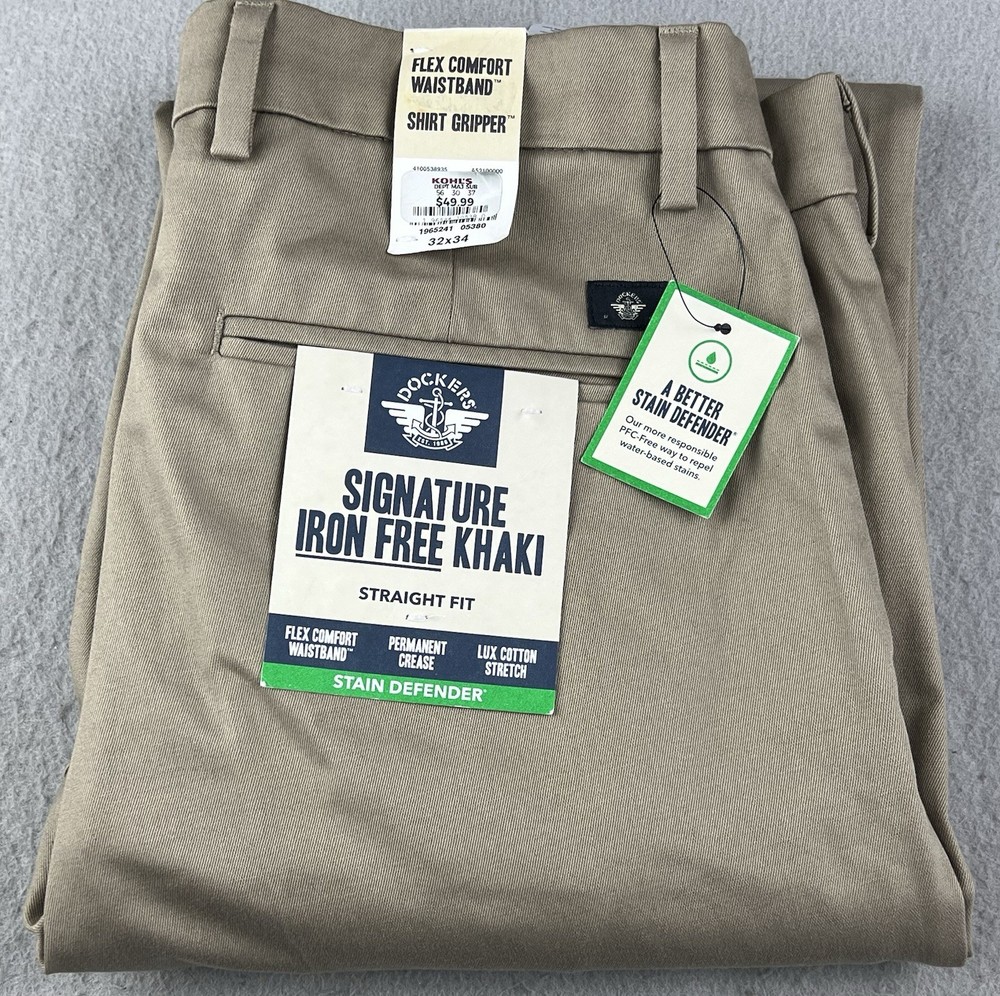 DOCKERS Signature Iron Free Stain Defender Classic Fit Khaki Pants W32 L34 NWT