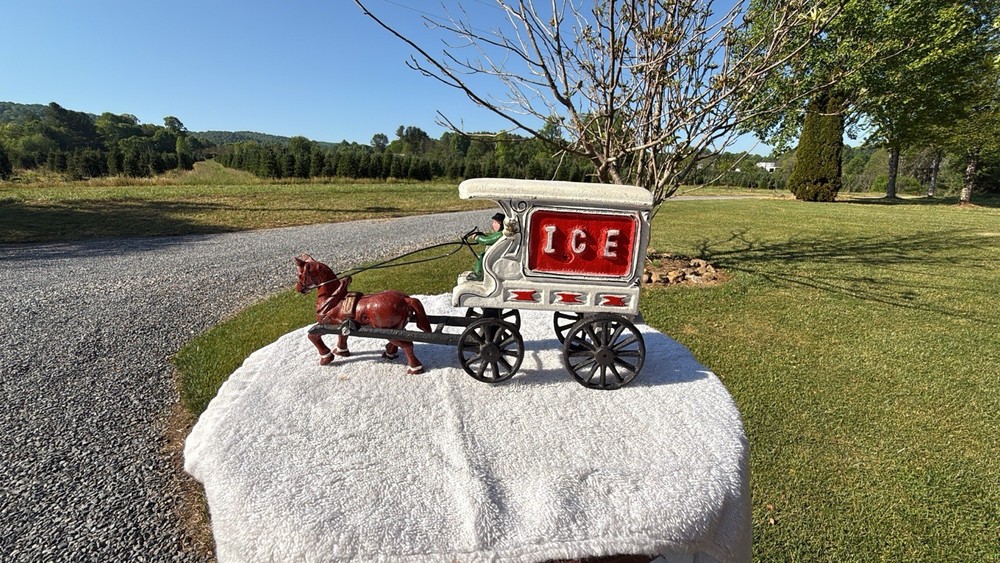 Vintage Horse Drawn ICE Wagon Cast Iron Style Toy Primitive Farmhouse Decor