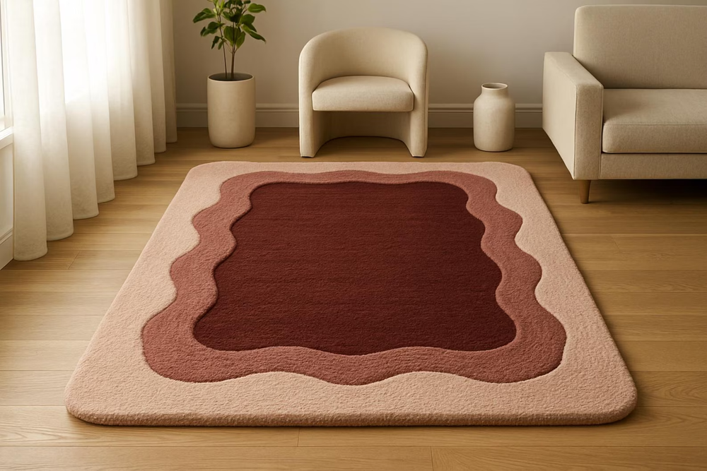 Hand Tufted Wavy Border Rug, Terracotta Abstract Area Carpet, Modern Home Decor