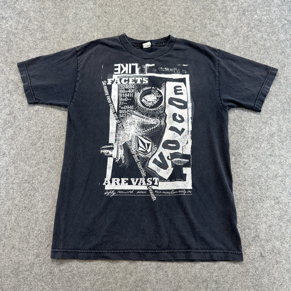VINTAGE Volcom Shirt Mens M Black Graphic Skater Surf Abstract Art Collage Y2K-image
