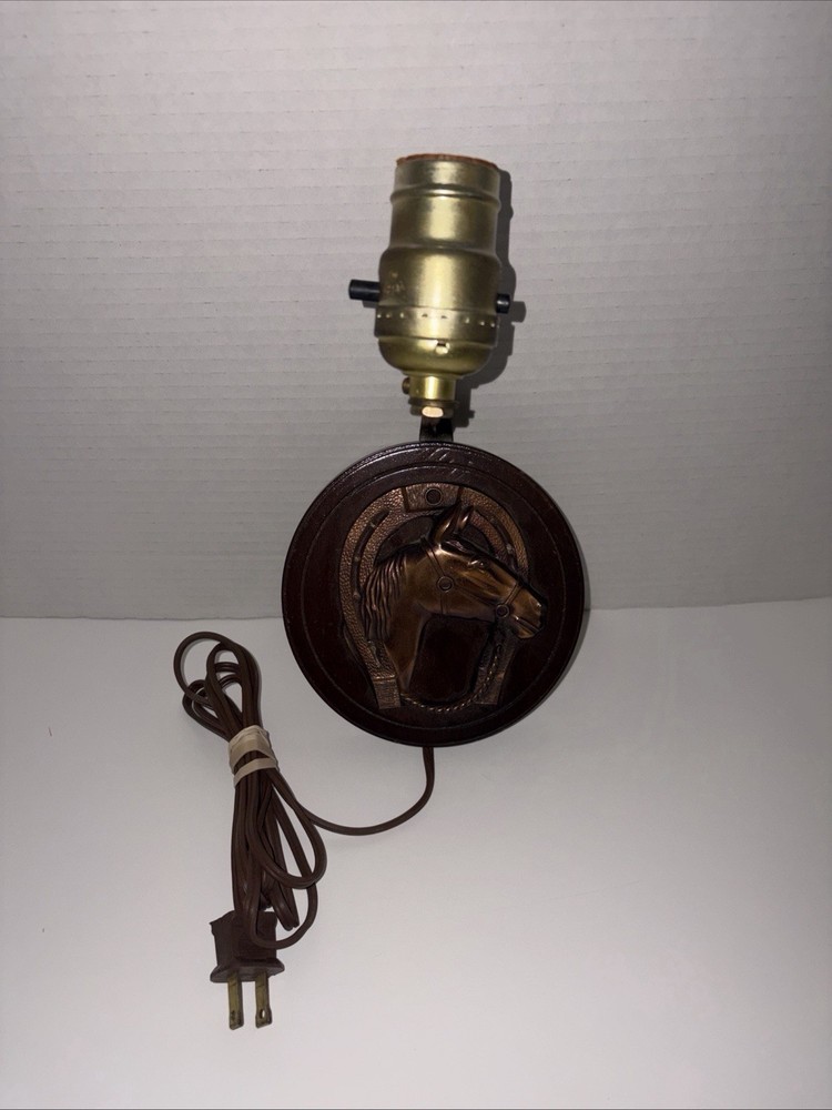 Vtg Copper Horse Head on Wood Wall Sconce Lamp.  Rustic Western Bed Light