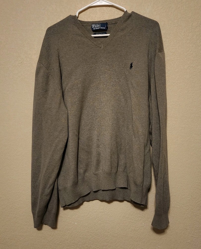 Polo Ralph Lauren Sweater Mens 2XL Gray Pima Cotton V Neck Pullover Pony Logo