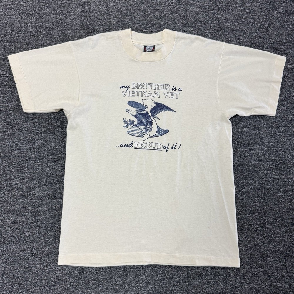 Vintage 90s My Brother Is A Vietnam Vet Army Veteran Beige T-Shirt Mens - Size L