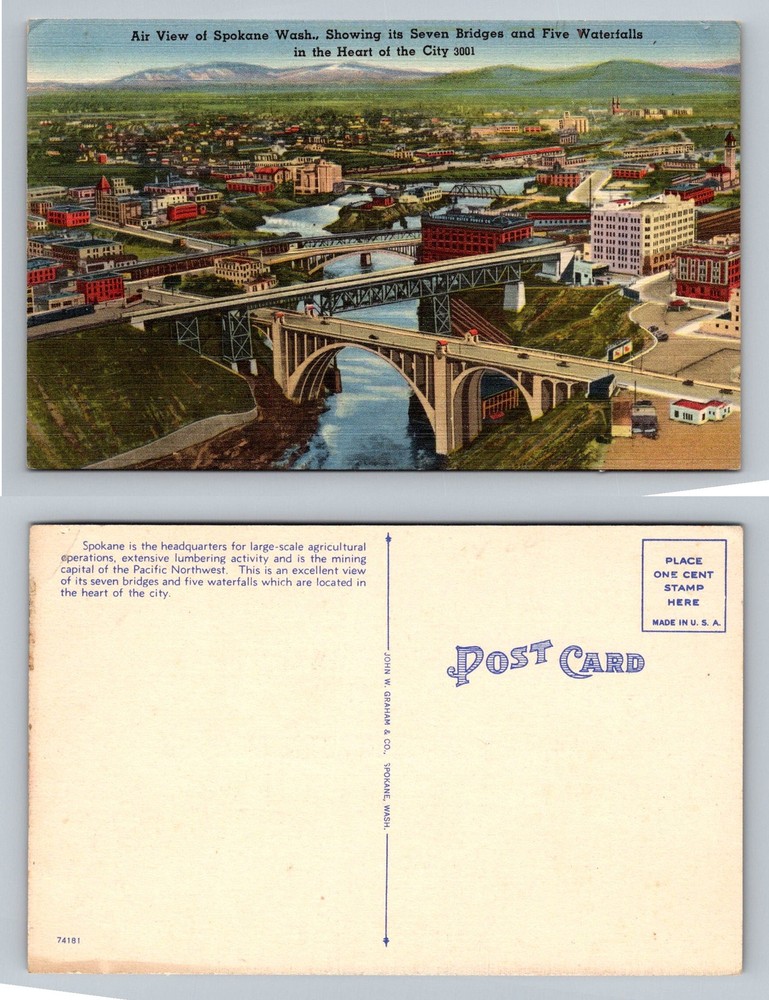 Spokane, WA-Washington, Aerial Seven Bridges & Five Waterfalls Vintage Postcard