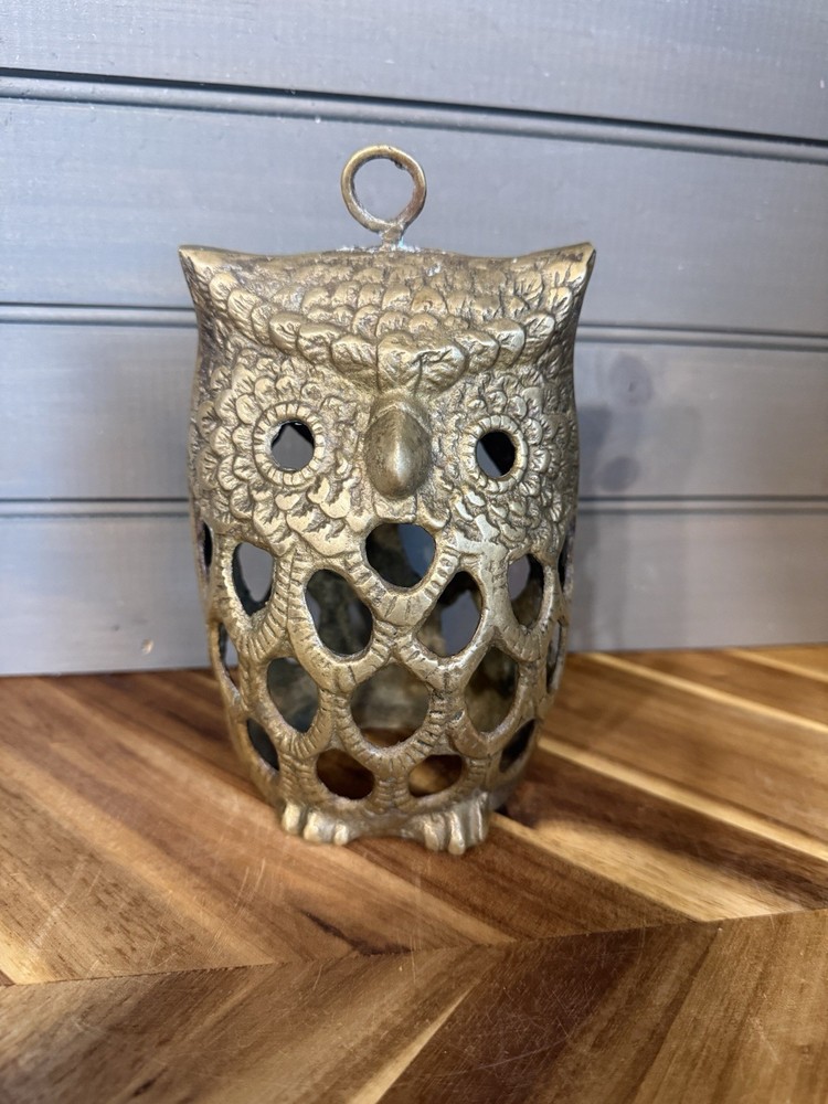 Vintage Brass Owl Candle Holder Hanging Lantern MCM Boho Decor