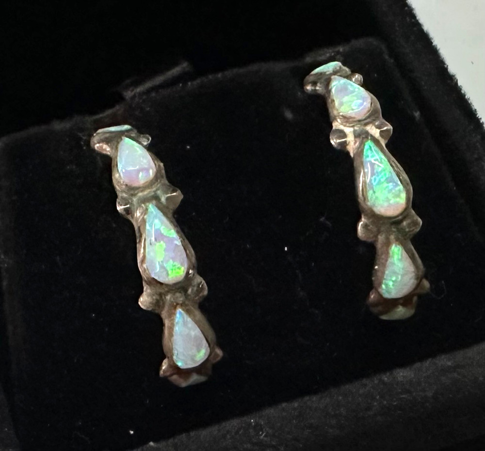 Vintage Opal Hoop Earrings MARKED 925 Sterling Silver Jewelry Lot H