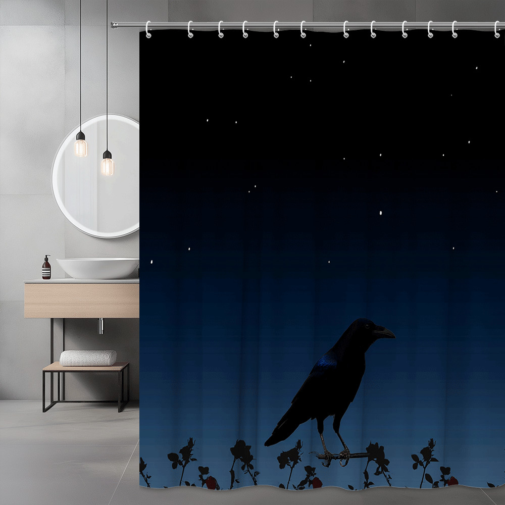 Crow and Roses Night Sky Shower Curtain