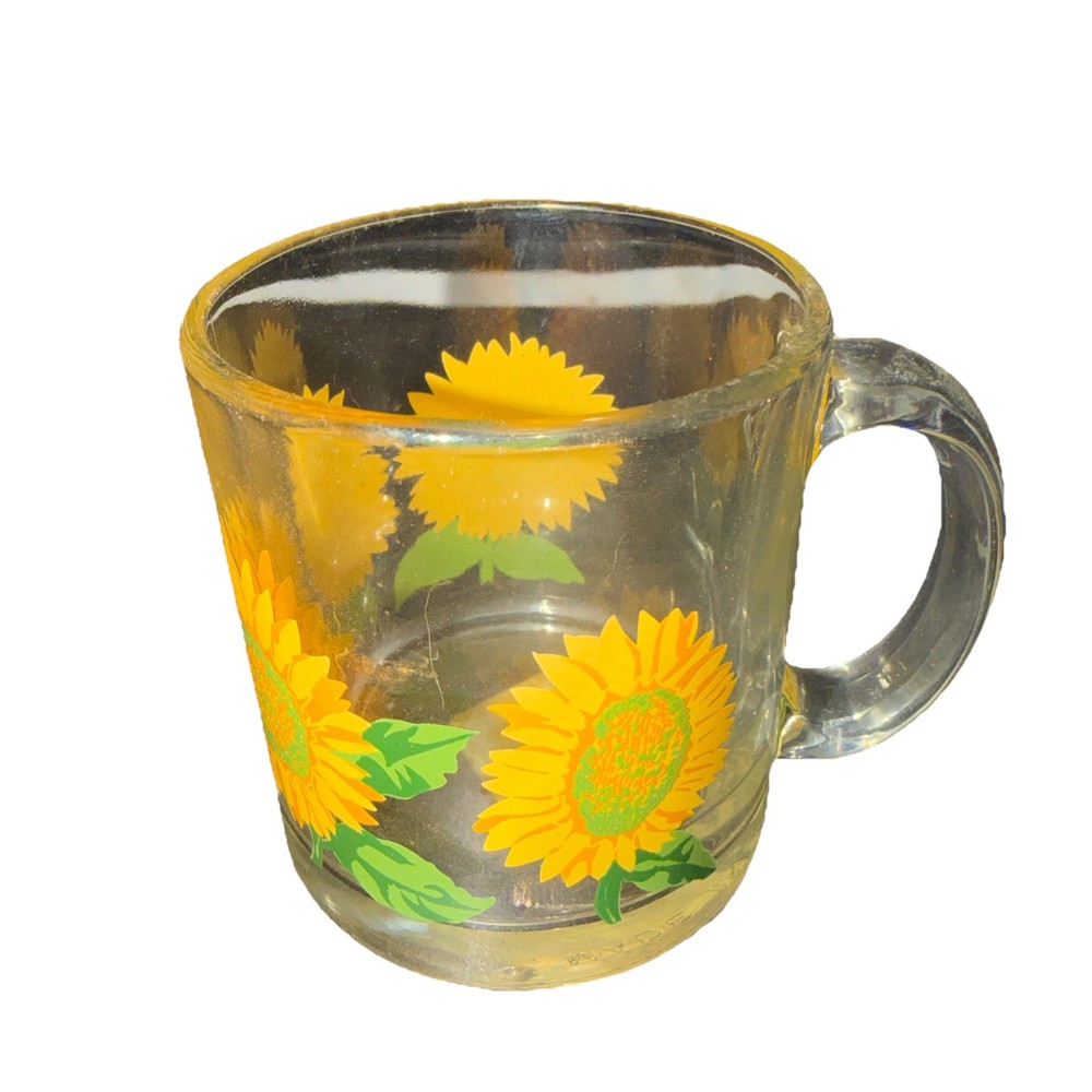 Vintage LIbbey Clear Glass Coffee Mug Yellow Sunflower Garden Made in USA