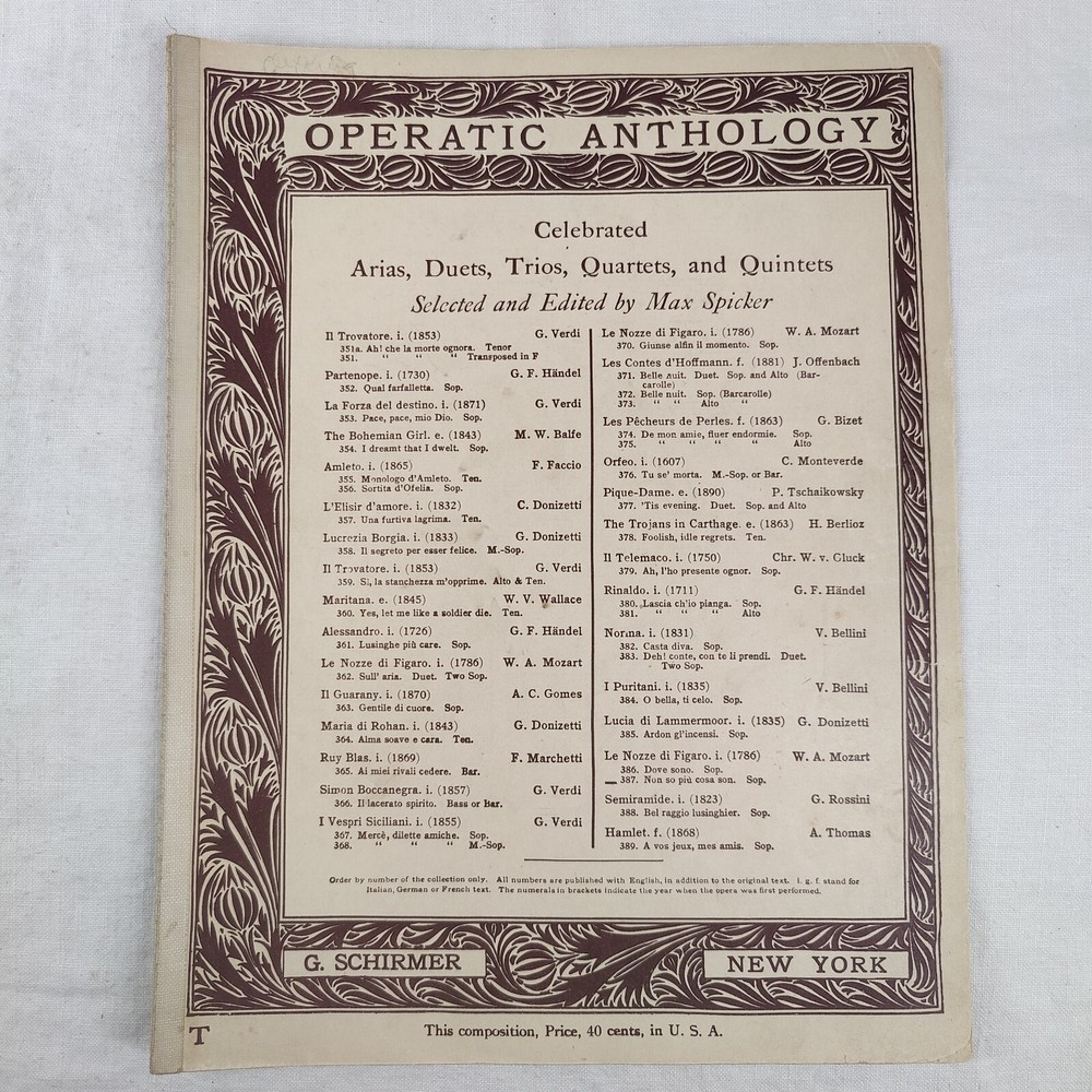 Vtg 1911 Operatic Anthology Le Nozze Di Figaro Aria Sheet Music Book