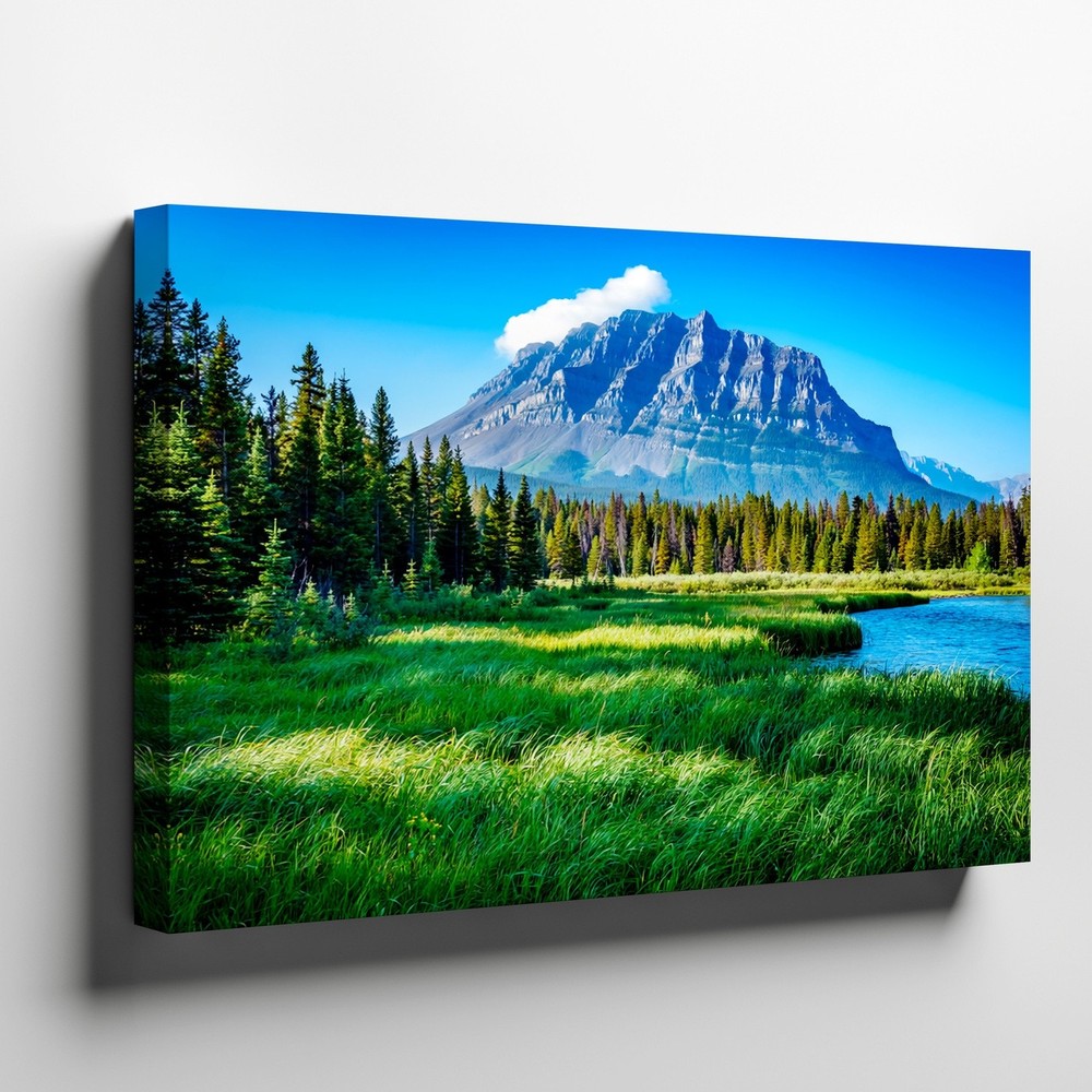 Mountain Landscape Canvas Wall Art with River and Pine Trees Nature Scene Print