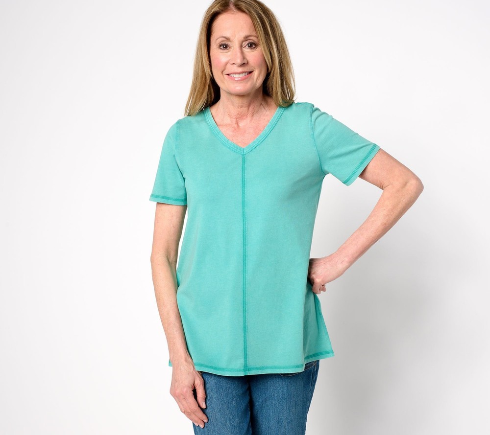 LOGO by Lori Goldstein Women's Top Sz L Knit Tee Seam Detail Green A683849