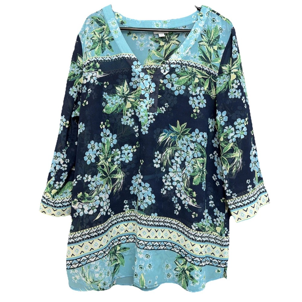 J. Jill Popover Tunic Blouse Wms XL Tall Relaxed Blue Floral Sheer V-neck.boho