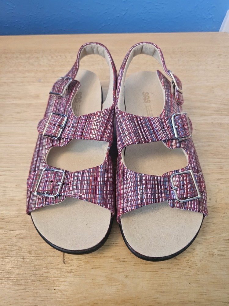 SAS Womens Red Leather Rainbow Sandals Size 8.5 Relaxed Slingback Open Toe