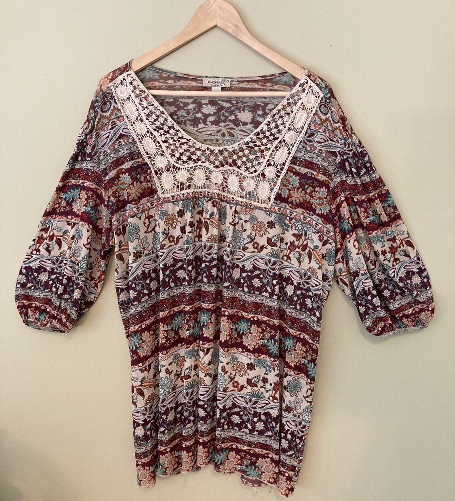 One World Women’s Size XXL Boho Top 3/4 Sleeve Crochet Embellished Blouse