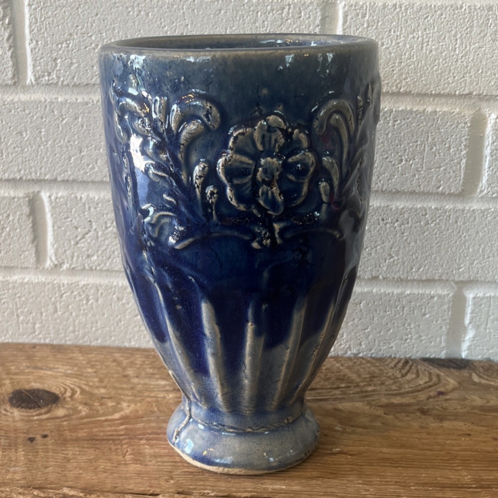 Vintage Studio Art Pottery Vase cobalt Blue Floral Carvings Glossy Stoneware