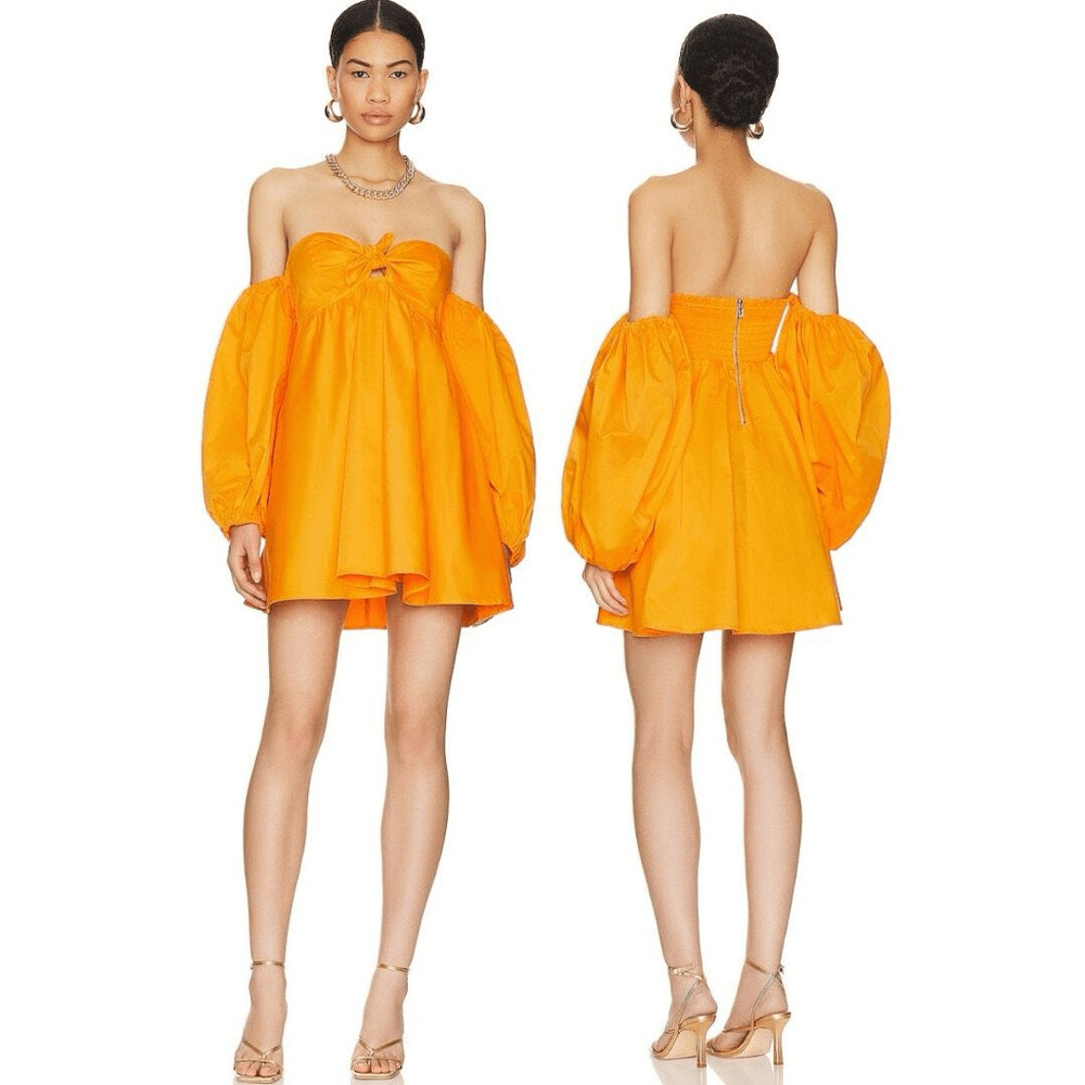 NWT For Love & Lemons Lucia Mini Dress Off the Shoulder Tie Front Orange Small