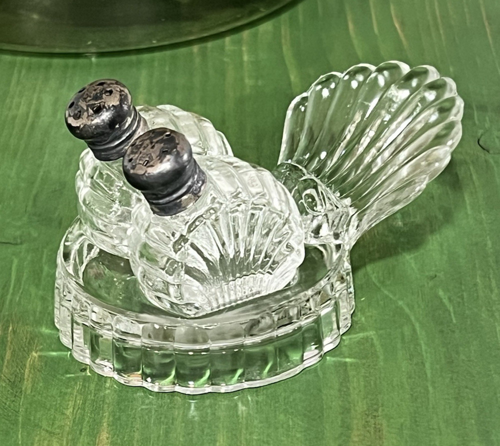 Vintage Art Deco Clear Glass Clam Shell Salt Pepper Shakers Sterling Silver Caps