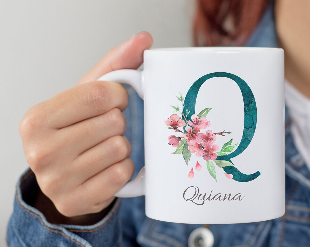 Personalized Monogram Initial Name Mug Floral Alphabet Cup Birthday Gift