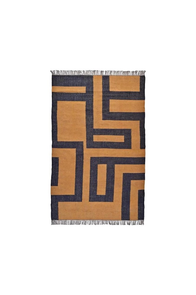 Hand Knotted Wool Jute Kilim Rug Color Brown Blue Design Handmade Carpet Rug