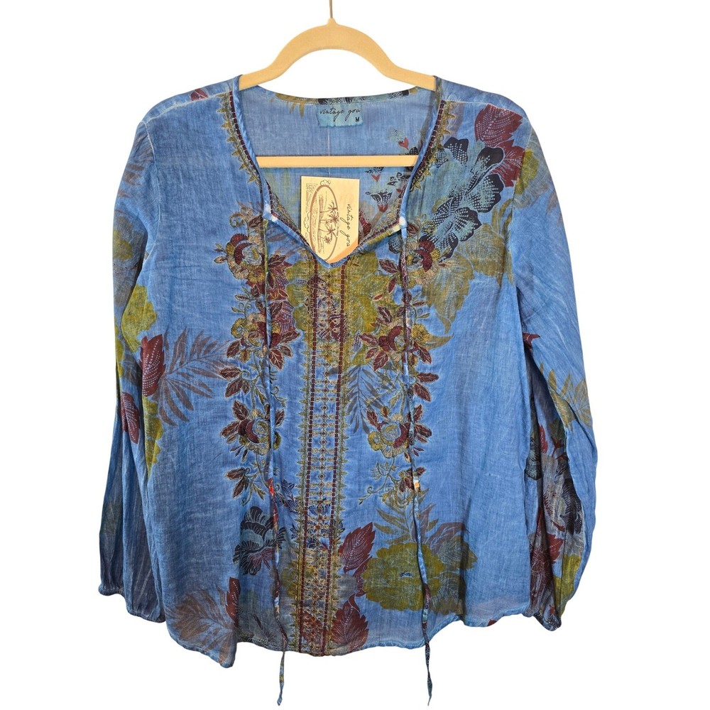 Vintage Goa Blue Cotton Gauze Floral Embroidered Boho Blouse Top Size M NEW