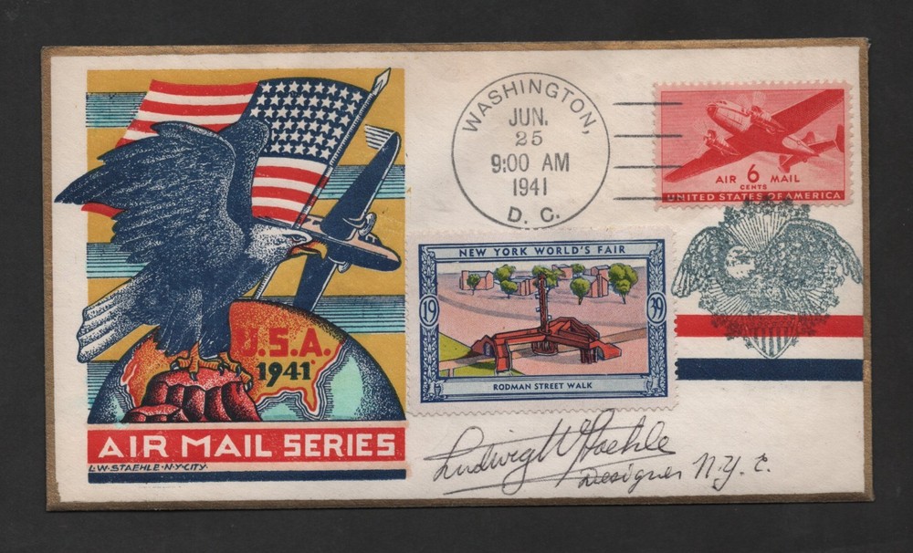 Us Fdc 1941 Staehle Autographed Airmail First Day Cover With World's Fair Label