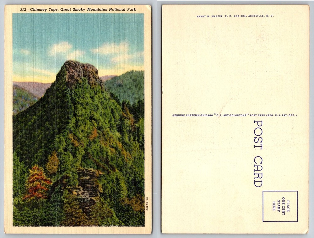Chimney Tops Great Smoky Mountains National Park NC Linen Postcard Vintage